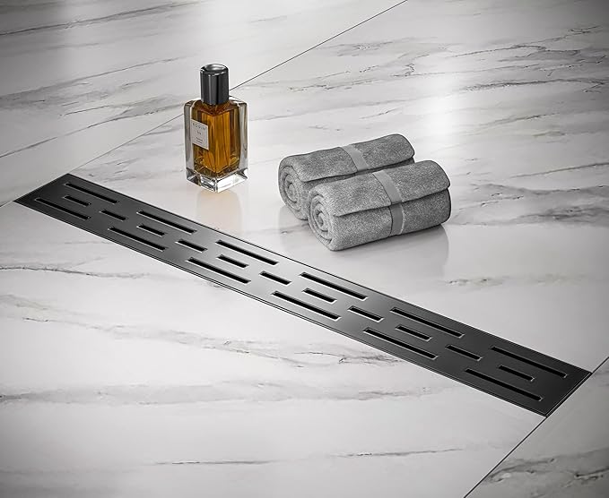 HEATGENE 28-Inch Linear Shower Drain in Matte Black - Stainless Steel Rectangular Shower Floor Drain - Removable Decorative Cover - Adjustable Leveling Feet - CUPC Certified