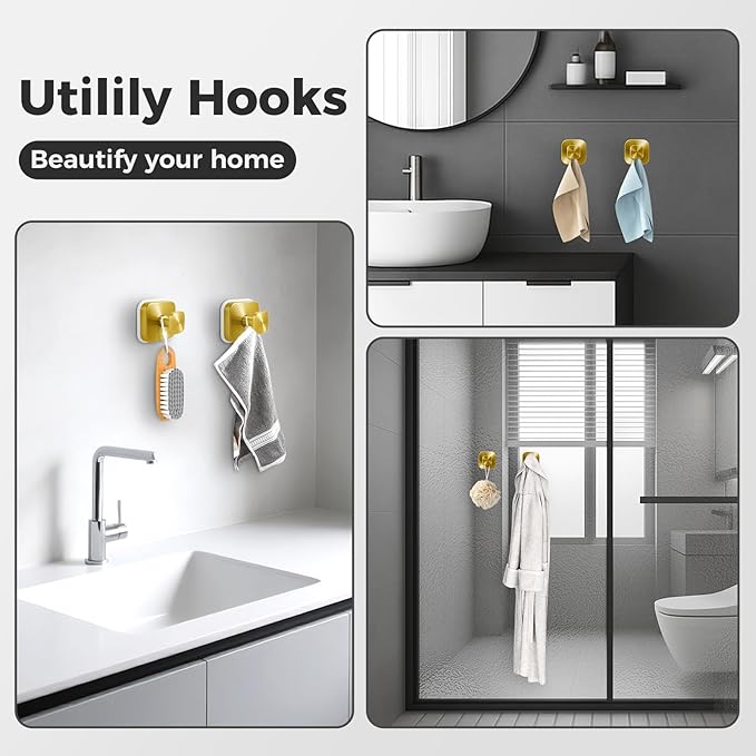 Shower Hooks for Inside Shower,Reusable Suction Cup Hooks for Glass Window,Mirror,Removable Towel Hooks for Bathroom,2 Pack(Gold)