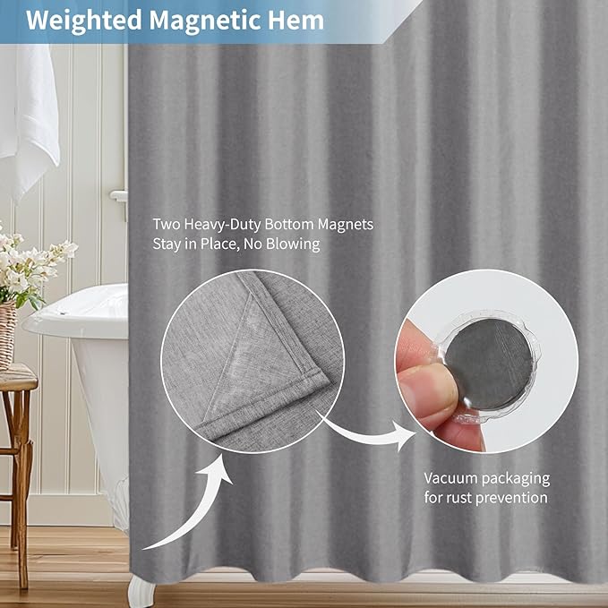 2-in-1 Waterproof Long Fabric Shower Curtain or Liner,Linen Textured,78 Inch Breathable TPU & Washable Bathroom Shower Curtain Set with 12 Plastic Hooks,Modern,72"x78" Grey
