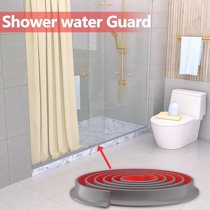 Collapsible Shower Threshold Water Dam, Self Adhesive Silicone Waterproof Barrier Bathroom and Kitchen Water Strip Dam Shower Guard for Dry And Wet Separation Caulk Seal Strip Edge Trim (67Inch, Grey)