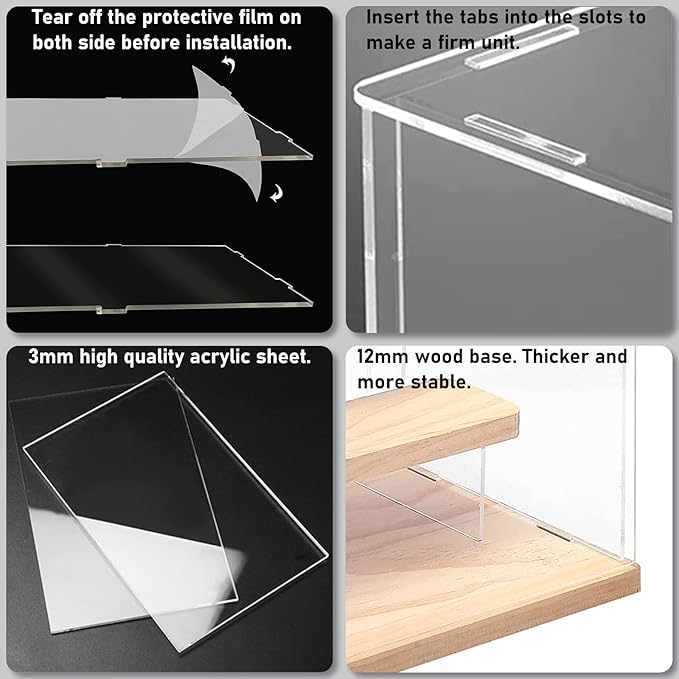 Choowin 5 Tier Clear Acrylic Display Case for Collectibles, Mini Figures, Pop Mart, Labubu, Sonny Angel, Smiski - Assemble Dustproof Acrylic Display Box with Door, Stand (Wood Base Step)
