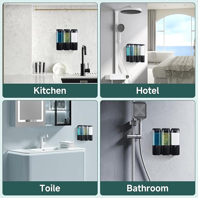 Shampoo and Conditioner Dispenser Wall Mounted No Drill, Shower Soap Dispenser 3 Chamber Shampoo Conditioner Body Wash Refillable 3 * 17oz Shower Soap Dispenser for Bathroom Hotel, Black+Clear