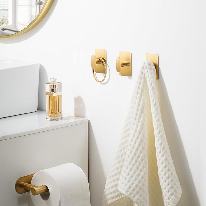 pickpiff Adhesive Towel Hooks for Bathroom: 20LB Extra Strong Wall Hanger for Shower Kitchen RV Dorm Apartment, Gold 4 Pack