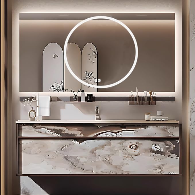 36IN Modern Bathroom Vanity with Sink - Bathroom Vanity with Drawer Organizer, LED Mirror Lights & Defogging Function | Wall - Mounted Vanity with Silver Sink Faucet