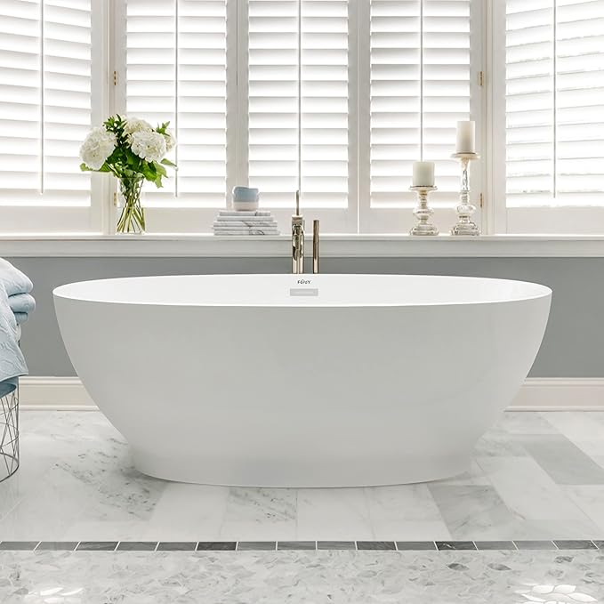 FerdY Koh Samui 65" Acrylic Freestanding Bathtub, Oval Contemporary Soaking Bathtub, Glossy White, cUPC Certified, Toe-Tap Chrome Drain & Overflow Assembly Included