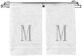 Monogrammed Hand Towel, Personalized Initial Gift, Extra Absorbent 100% Turkish Cotton - Soft Terry Finish - Set of 2 - Silver Block Initial M - Embroidered on White Towels