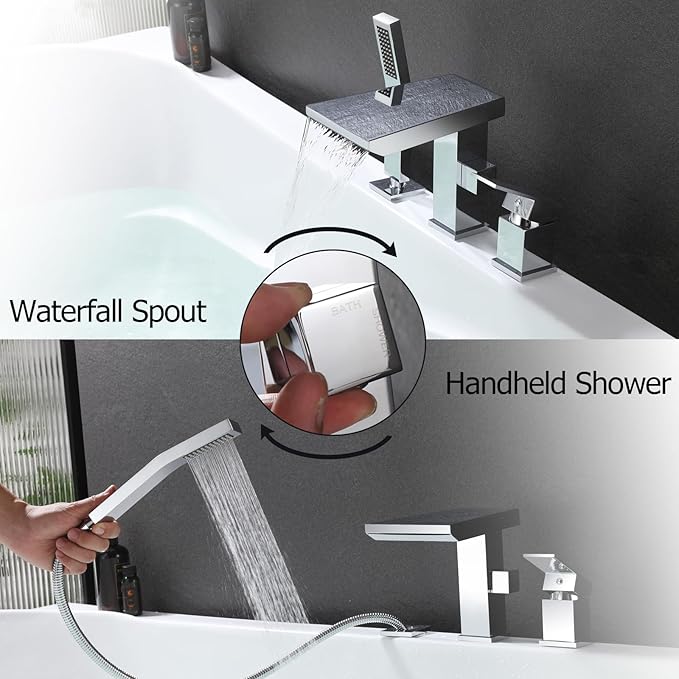 Waterfall Roman Tub Faucet with Hand Shower, Deck Mount Tub Filler Bathtub Faucet with Sprayer, Brass Widespread 3 Hole Bathtub Shower Faucet Set, Chrome