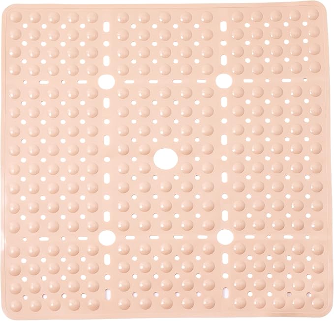 ENKOSI Square Shower Mat 27x27 inch - Large Anti Slip Shower Floor Mat - Non Slip Bathroom Shower Stall Mats with Strong Secure Suction Cups and Drain Holes in Middle Beige Opaque 27x27