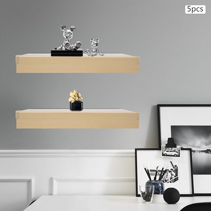 33 Inch Floating Shelves for Wall, 16 Inch Deep Hanging Shelf, Large Display & Storage Shelf for Bathroom, Bedroom, Living Room, Set of 5 (Light Wood Color, 24 Inch)