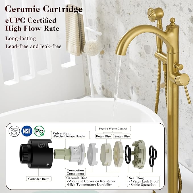 Free Standing Tub Faucet, Brushed Gold Classic Freestanding Bathtub Faucet with Vintage Hand Shower Brass High Flow Rate Floor Mount Tub Filler Swivel Spout Roman Tub Faucet Set (WT-9002BG)