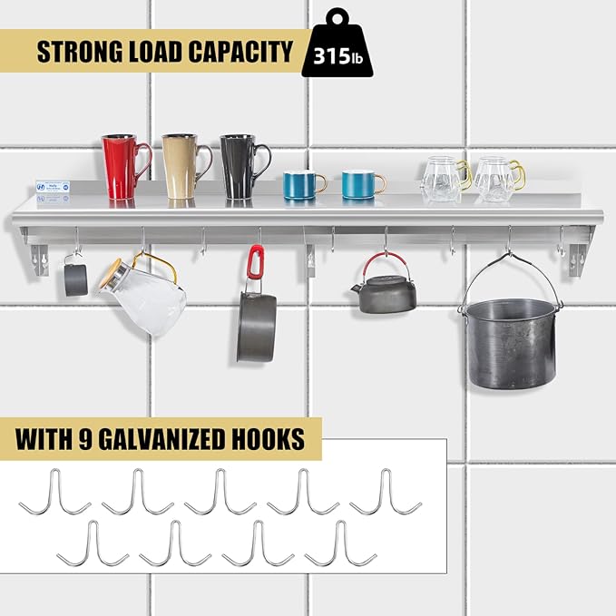 Hally Stainless Steel Shelf with 9 Hooks 12" x 60" Wall Mounted Pot Rack 315lb, NSF Commercial Floating Shelving for Storage Hanging Pots, Pans, cookware in Restaurant, Kitchen, Home and Hotel