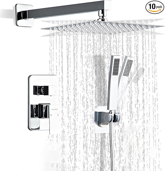 12 Inch Polished Chrome Shower Faucet Set with Rain Shower Head and Handheld Spray, Wall Mounted Rainfall Shower Head with Handheld Combo, Bathroom luxury Shower System with Valve and Trim