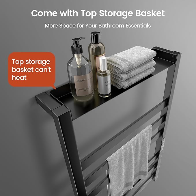 Towel Warmer,Stainless Steel Towel Warmer Rack for Bathroom -6 Bars with Shelf Wall Mounted Towel Heater with Intelligent Touch Screen Timer, Hard Wired/Plug-in, Black