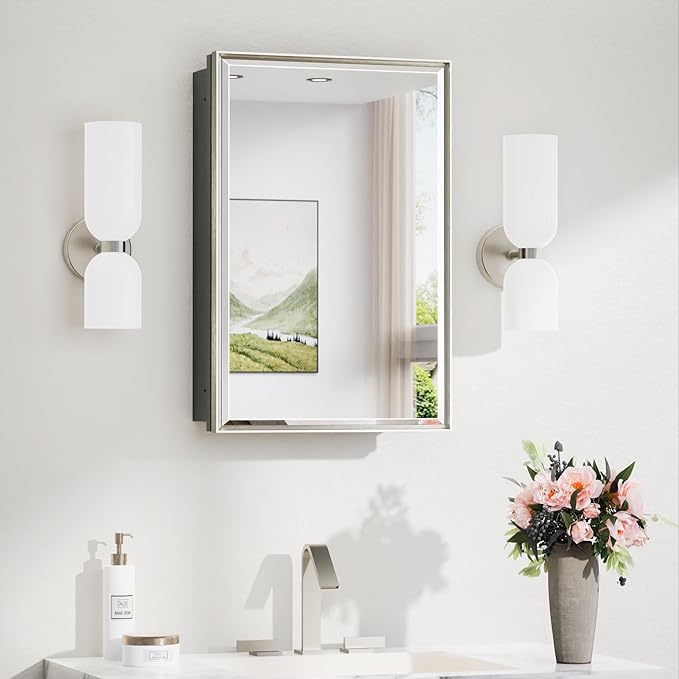 TokeShimi 16x24 Beveled Mirrored Medicine Cabinet Wall Mounted or Recessed Medicine Cabinet with Mirror for Bathroom Brushed Nickel, Aluminum Framed Metal Mirror with Storage Adjustable
