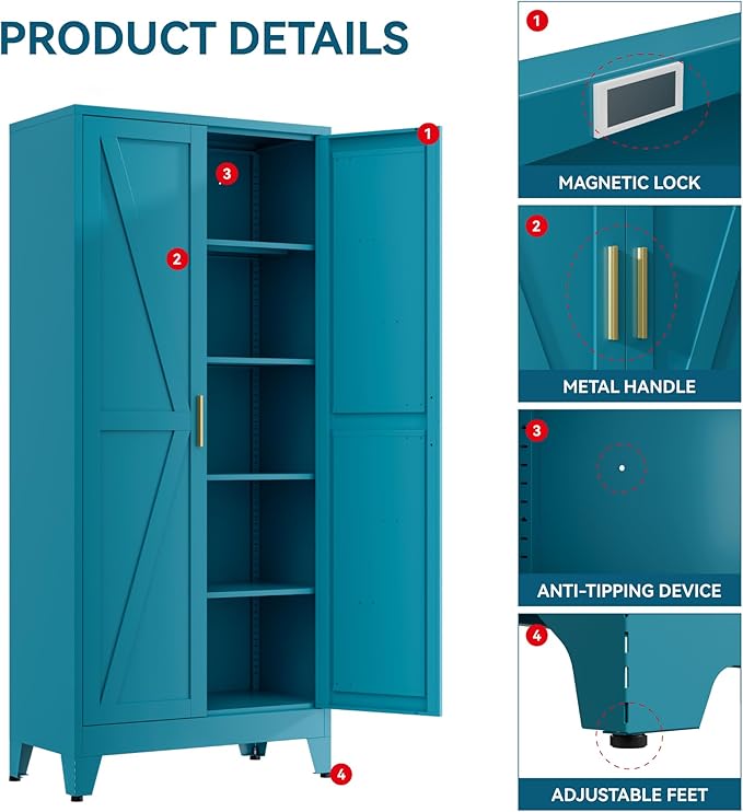 71" Metal Storage Cabinet - 5-Tier Heavy-Duty Pantry Cabinet with Adjustable Shelves & Barn Doors for Kitchen Garage,Blue