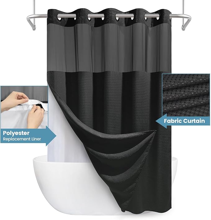 Black Long Shower Curtain with Liner - 230GSM Waffle Textured Heavy Duty Shower Curtains for Bathroom,71W x 86H
