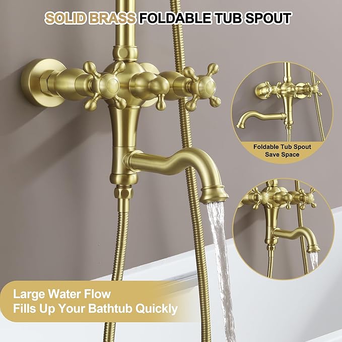 Exposed Shower System Brushed Gold,Antique Brass Shower Faucet Set with 8 Inches Rainfall Shower Head Vintage,Outdoor Shower Fixture with Foldable Tub Spout