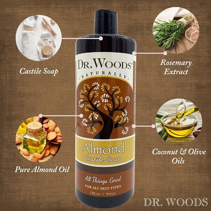 Dr. Woods Pure Almond Oil Liquid Castile Soap - Natural Cleanser for Face, Hands, and Body, for Men and Women - 32 Fl Oz