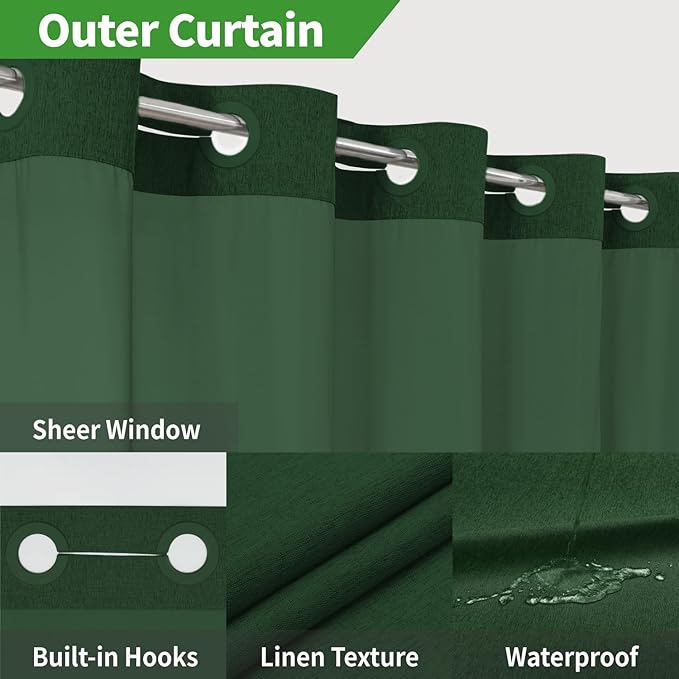 Long No Hooks Needed Linen Textured Shower Curtain with Snap-in Fabric Liner Set,Hotel Luxury Decor Shower Curtains for Bathroom,Waterproof & Washable,71Wx80H,Emerald Green