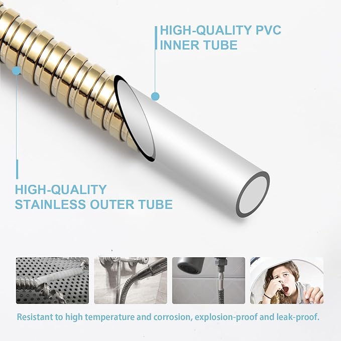 OFFO Shower Hose, 60 in Kink Free Stainless Steel Shower Hose Attachment Electroplating Handheld Shower Head Hose Flex Hoses Extension with Brass Insert & Nut for Pet Bathing Cleaning, Gold