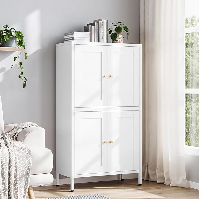 Yizosh Metal Pantry Cabinet,Tall Kitchen Pantry Storage Cabinet with 4 Doors and 2 Adjustable Shelves - 43" White Cupboard Cabinet for Kitchen,Living Room,Dining Room,Home