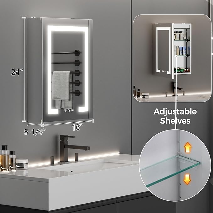 New LED Bathroom Mirror 16 * 24 Stepless Dimmable Wall Mirrors with Anti-Fog, Shatter-Proof, Memory, 3 Colors, Memory Function, Water Proof, Decor Vanity Mirror