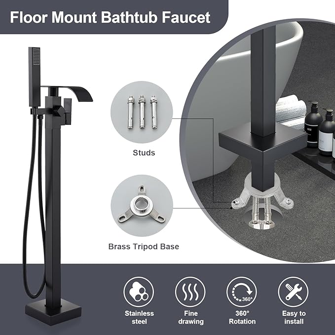 Senlesen Matte Black Free Standing Tub Faucet Floor Mounted Tub Filler Faucet Brass Bathroom Tub Faucets with Hand Shower
