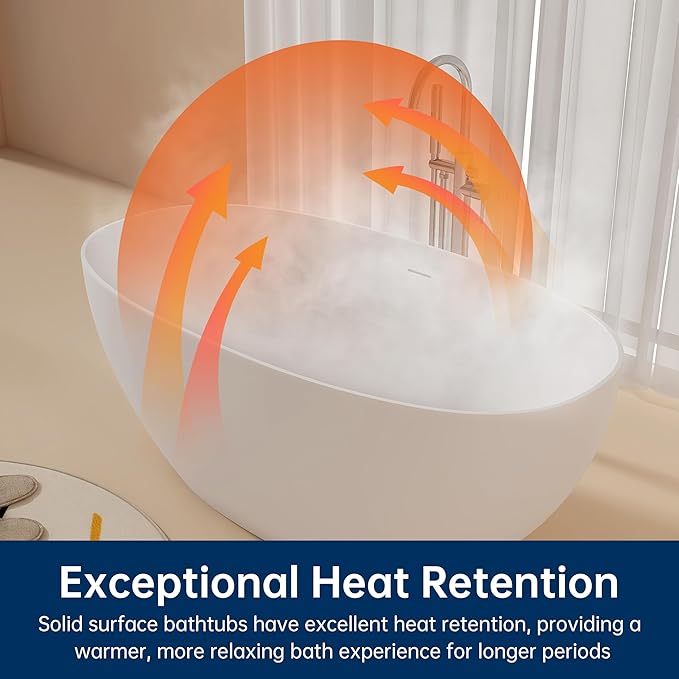 59'' Stone Resin Freestanding Bathtub, Bathroom Solid Surface Tub Bathtubs soaker Tubs Oval Shaped Matte Luxury Modern Soaking Tub with Overflow and Pop-up Drain - White