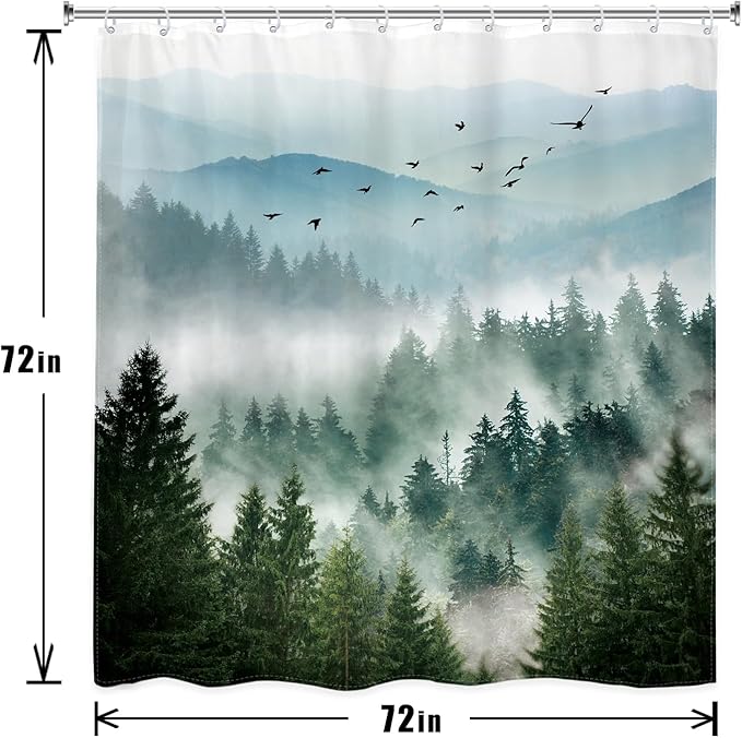 Riyidecor 4PCs Shower Curtain Sets Green Bathroom Curtain with Non-Slip Rugs Mountain Scenic Toilet Lid Cover and Bath Mat Tree Nature Woodland Waterproof 12 Hooks 72x72 inch Mens Bathroom Decor