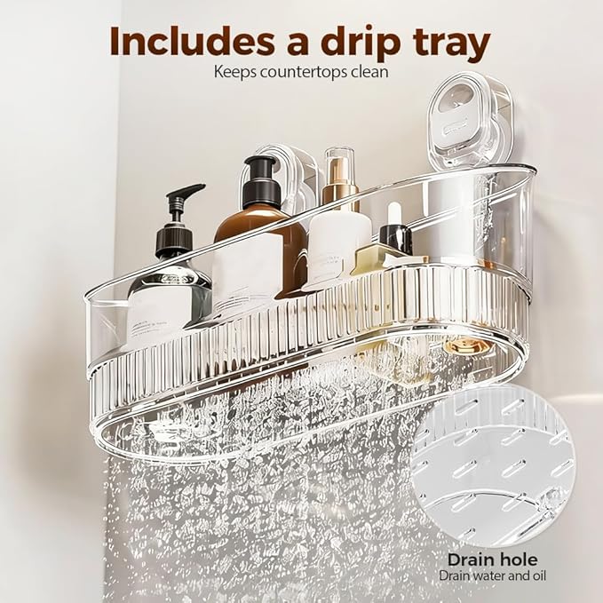 No-Drill Bathroom Suction Storage Box, Corrugated Suction Cup Storage Holder, Removable Hanging Basket, No Drilling Shelves Caddy, Ripple Acrylic Wall Shelf (Gold)