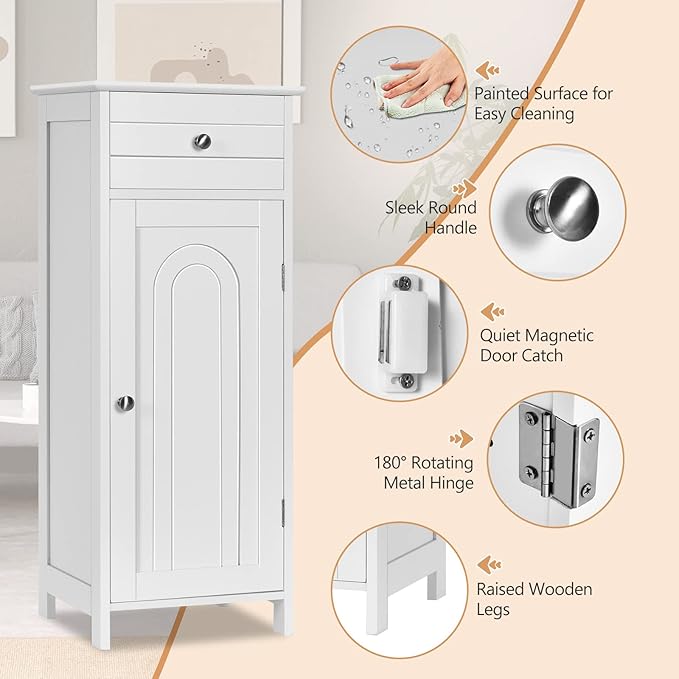 COSTWAY Bathroom Storage Cabinet, Single Door Floor Cabinet with Drawer and 3-Level Adjustable Shelves, Modern Side Storage Organizer with Anti-Tipping Device for Living Room, Bedroom (White)