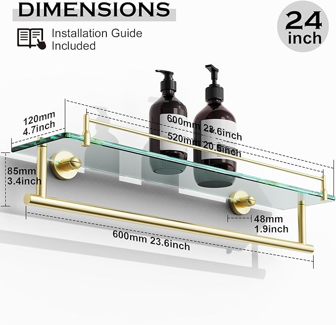 24-Inch Towel Rack with Shelf -Tempered Glass Bathroom Shelf with Towel Bar - Brushed Gold Modern Stainless Steel, Wall Mount Rustproof Tower Holder