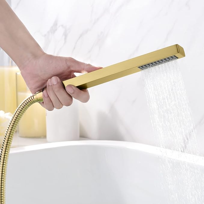 SUMERAIN Wall Mount Tub Faucet with Hand Shower, Waterfall Bathtub Faucet with Sprayer, Brushed Gold Finish, Rough-in Valve Included