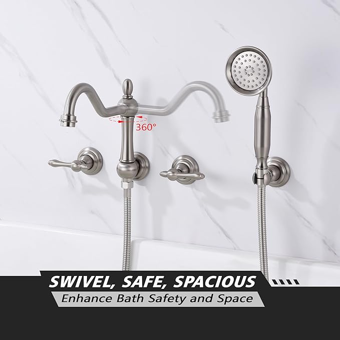 SUMERAIN Brushed Nickel Wall Mount Bathtub Faucet with Handheld Sprayer Traditional Tub Filler with Rough-in Valve