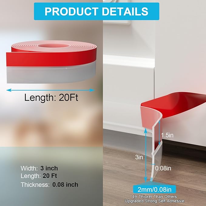 Heavy-Duty 3Inch (W) x 20FT(L) Door Weather Stripping, Extra Thick 2mm Door Draft Stopper Silicone Seal Strip, Draft Seal Tape for Doors Windows and Shower Glass Gap