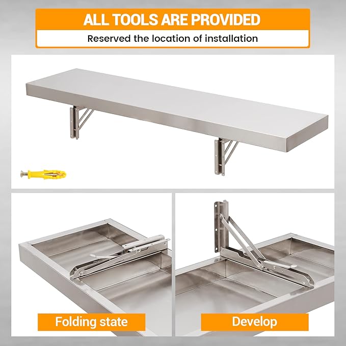 Stainless Steel Folding Concession Shelf 24" x 12", Drop Down Folding Wall Shelves, Heavy Duty Foldable Wall Mount Shelving for Concession Windows, Food Truck, Kitchen, Garage, Laundry Room