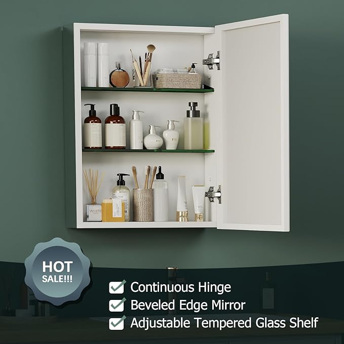 BROBIGBathroom Medicine Cabinet with Mirror, 24x32 Recessed or Wall Mirror Medicine Cabinet with Storage Adjustable Glass Shelves, Beveled Edge Mirrored Door with Aluminum Cabinet Hinges