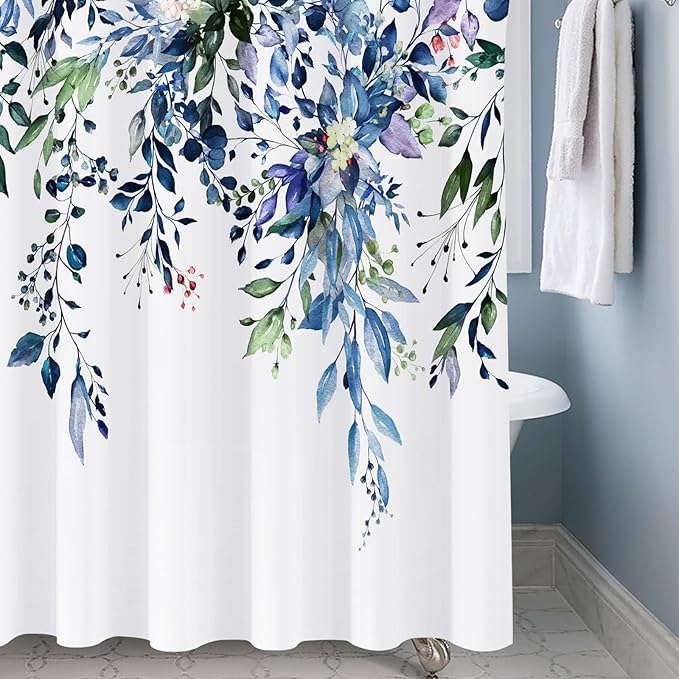 Shower Curtain Blue Green Eucalyptus Shower Curtains for Bathroom, Watercolor Leaf Shower Curtain Sets Waterproof Plant Shower Curtain Leaves Fabric Cloth Bathroom Curtains 72x72 inch with Hooks