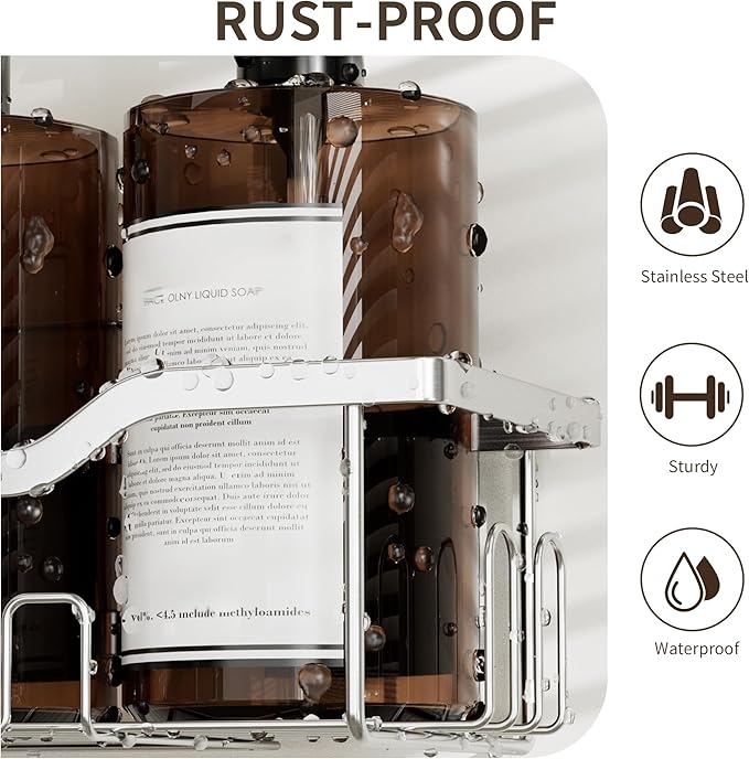 Shower Caddy Hanging 2-Tier Bathroom Organizer for Tall Showerhead with Soap Dish and Toothbrush Holder,Rustproof Over Shower Head Rack,Silver