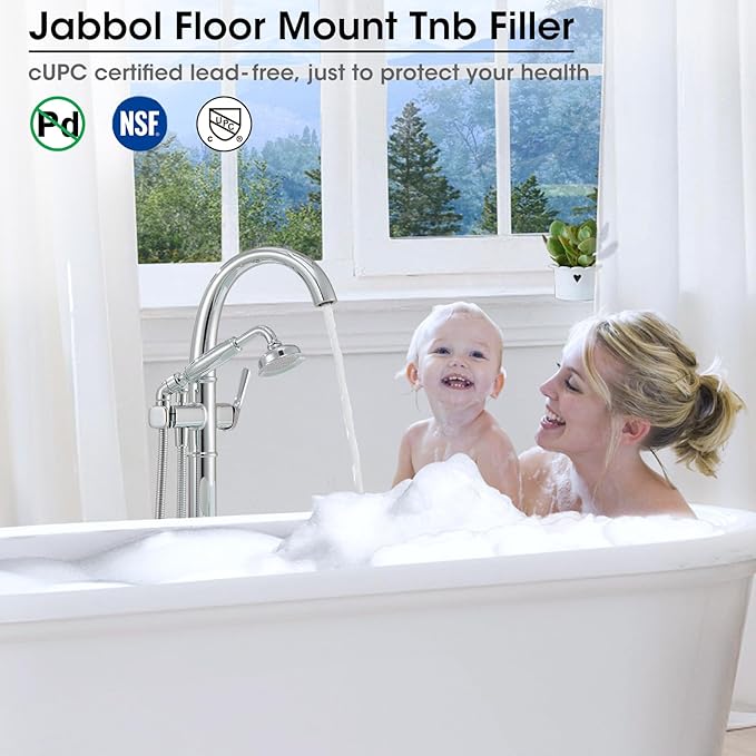 Free Standing Tub Faucet, Jabbol Luxury Freestanding Bathtub Faucet with Sprayer, Brass Bathroom Floor Mount Tub Filler, Polished Chrome (JB-8811CP)