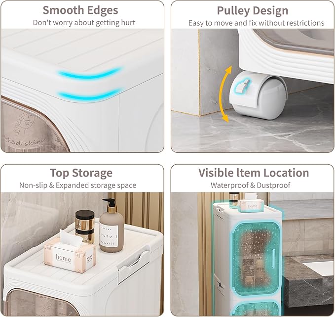 KHNR 3-Tiers Slim Bathroom Storage Cabinet, Foldable Storage Cabinets,Narrow Bathroom Storage,Movable Bathroom Storage Organizer for Small Spaces,Bathroom,Kitchen,Laundry,White