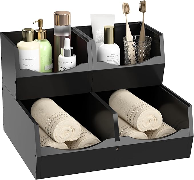 3 Set Bamboo Pantry Organizers and Storage, Open Front Vegetable Fruit Seasonings Stackable Storage Bins, Rustic Stacking Storage Bins for Pantry, Office, Bedroom, Kitchen Counter Organizer (Black)