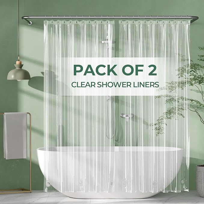 AmazerBath Shower Curtain Liner 2 Pack, 72 x 65 Inches PEVA Plastic Shower Liner with 3 Weighted Stones and 12 Rustproof Metal Grommet, Lightweight Waterproof Shower Curtain - Clear