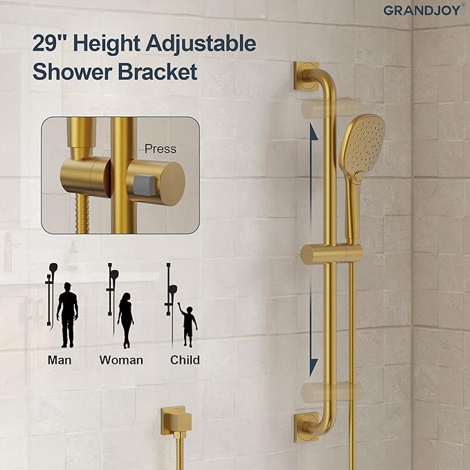 Brushed Gold 10 Inch Rainfall Shower System with Handheld Spray & Adjustable Slide Bar, Wall Mount Bathroom Shower Faucet Set, Valve Included