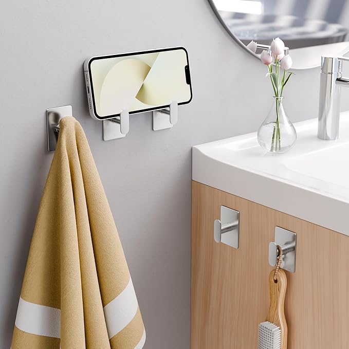 pickpiff Adhesive Towel Hooks for Bathroom: 20LB Extra Strong Wall Hanger for Shower Kitchen RV Dorm Apartment, Silver 8 Pack