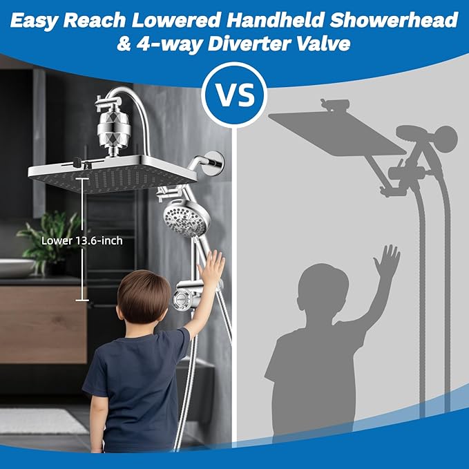 Hibbent 5-spray Dual Filtered Rainfall Shower Head Combo, High Pressure 13'' Showerhead with 10 Spray Mode Handheld, Easy Reach 4-way Diverter Shower Arm with Pause Mode, 71'' Hose and Holder, Chrome