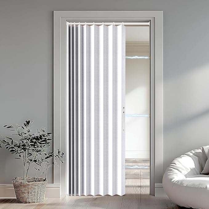 Accordion Door Curtain Set - 100% Blackout, with Curtain Rod Included, for Bedroom Privacy Protection (White-43 W x 78" L+Rod)