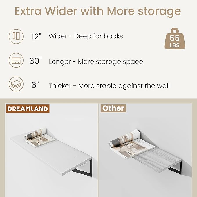 Dreamland Floating Shelves for Wall, 12 Inch Deep Floating Shelves Set of 2, 30W x 12D Large Wall Shelf with Sturdy Metal Brackets for Living Room, Bathroom, Bedroom and Kitchen, White