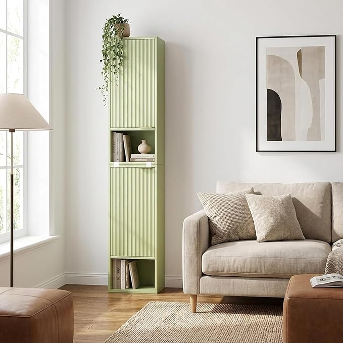 59.1" Tall Slim Bathroom Storage Cabinet Green | Freestanding or Wall Mounted Modular Cabinet, Fluted Panel Linen Tower with Adjustable Shelves for Small Spaces