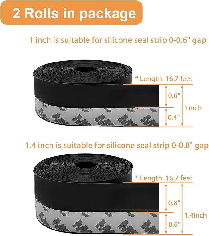 33.5 Ft Weather Stripping Door Seal Strip,Silicone Door Draft Stopper,Self Adhesive Shower Door Bottom Seal and Door Insulation Strip for Door Frame Windows and Glass Gaps (Black, 25+35mm)